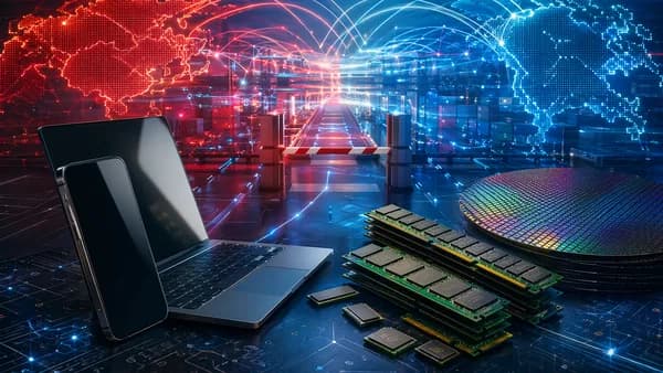 Unbranded devices and RAM chips in a futuristic workspace showing U.S.-China supply chain tension.