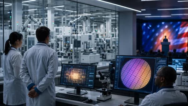 Futuristic US chip fab scene suggesting an unconfirmed political Apple-Intel manufacturing deal.