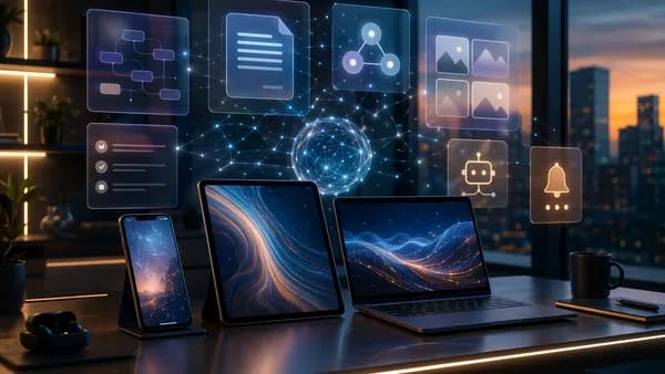 Futuristic workspace with devices and AI interface panels for productivity features.