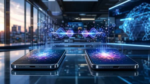 Two unbranded smartphones in a futuristic AI workspace showing only a small feature gap.