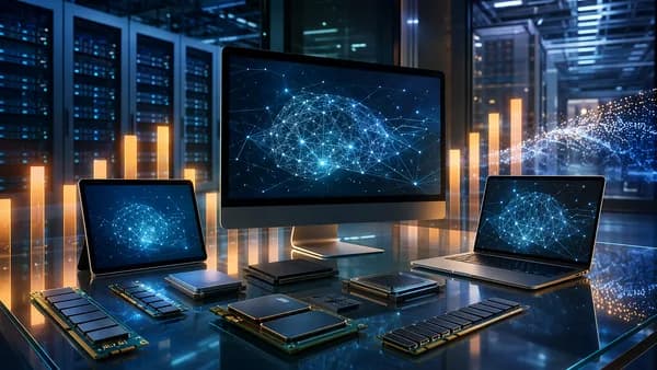 Premium devices, memory chips, and AI data center racks symbolize rising hardware costs.