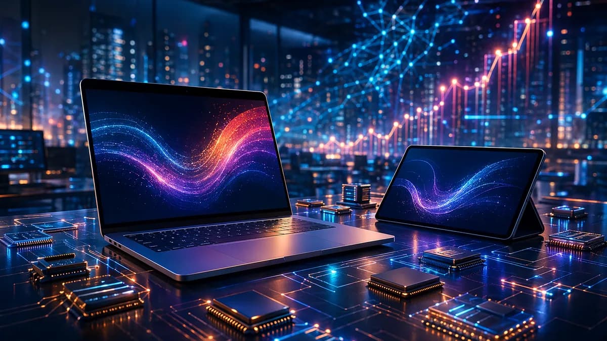 Premium laptop and tablet amid glowing chips and rising data visuals, symbolizing tech price hikes.