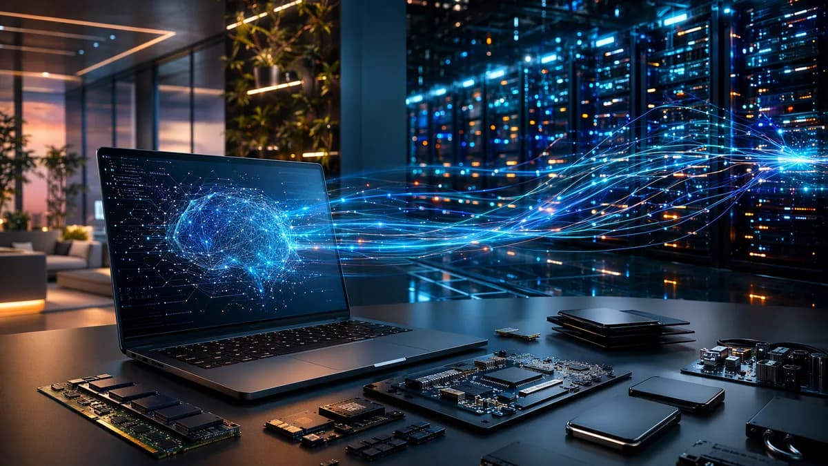 Minimal laptop workstation linked to AI data center racks, symbolizing memory supply pressure on Mac prices.