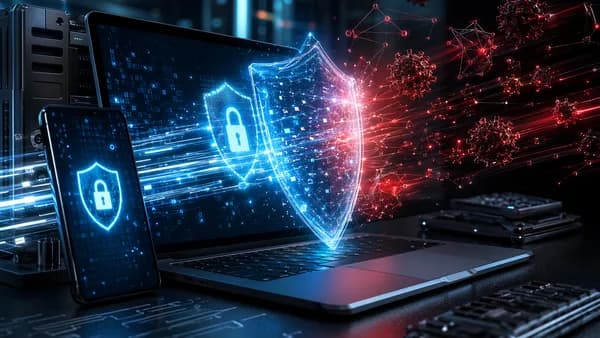 Unlabeled devices protected by a digital shield as AI-driven cyber threats are blocked.