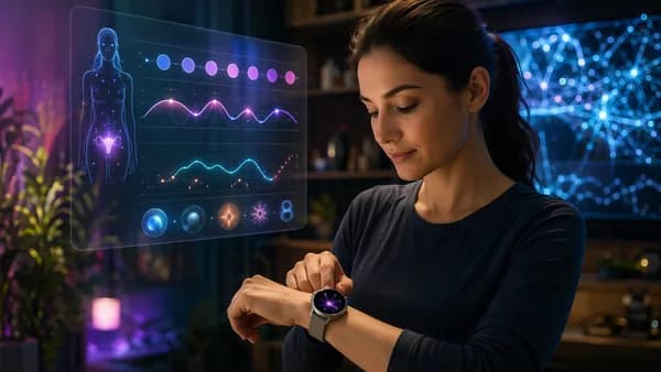 Smartwatch and abstract women’s health tracking interface in a futuristic tech workspace