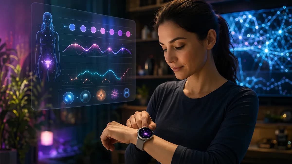 Smartwatch and abstract women’s health tracking interface in a futuristic tech workspace