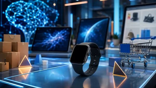 Minimal smartwatch on a futuristic tech desk with abstract online shopping deal visuals