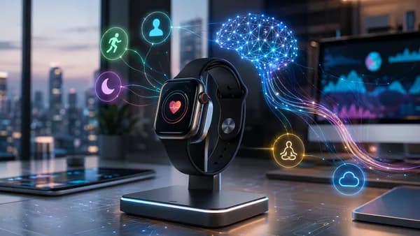 Premium smartwatch in a futuristic AI workspace with glowing health and assistant interface elements.