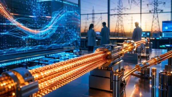 Futuristic lab with glowing copper cables and grid simulations for efficient power transmission.