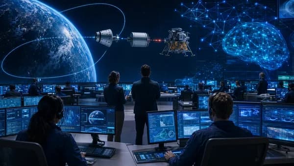 Futuristic mission control shows an Artemis spacecraft rehearsal in Earth orbit with engineers and astronauts.