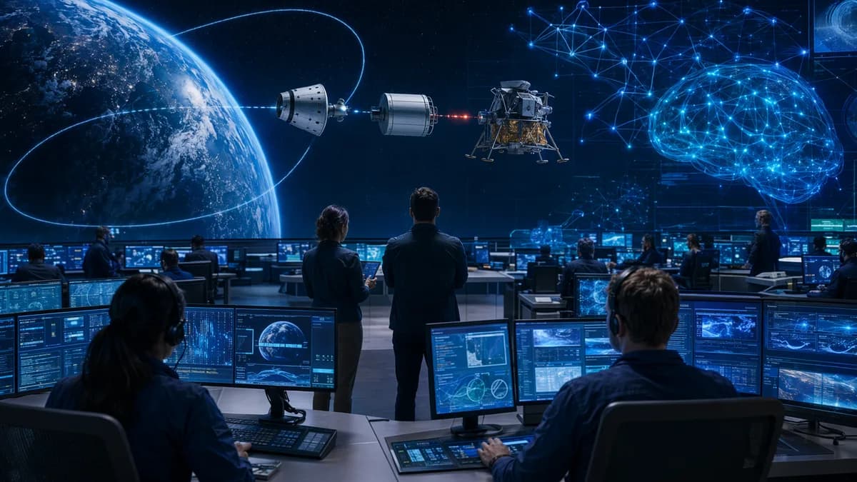 Futuristic mission control shows an Artemis spacecraft rehearsal in Earth orbit with engineers and astronauts.