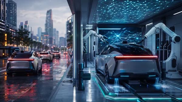 Autonomous robotaxis use a futuristic city pit stop for charging and automated cleaning.