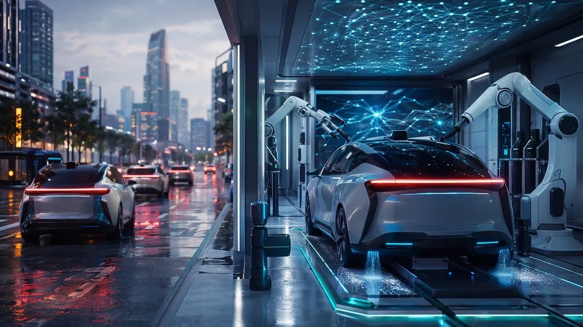 Autonomous robotaxis use a futuristic city pit stop for charging and automated cleaning.