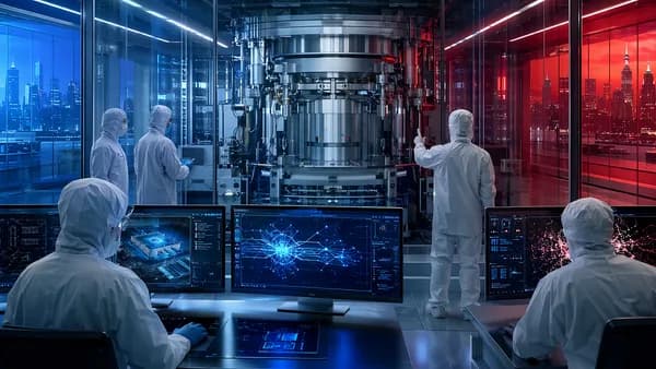 Advanced chipmaking machine in a cleanroom with engineers, screens, circuits, and tense geopolitical lighting.