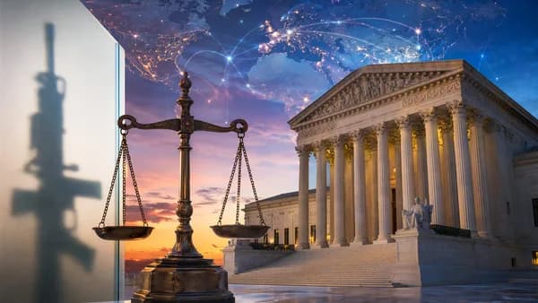 Supreme Court-style courthouse with justice scales and symbolic rifle silhouette in a global news setting