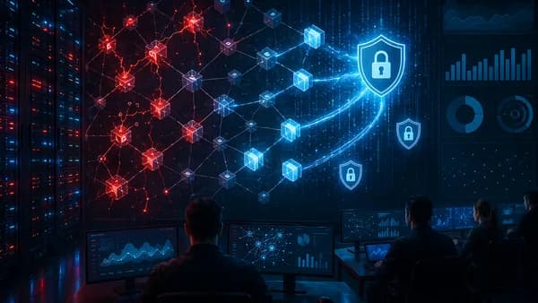 Cybersecurity team patching critical software vulnerabilities across glowing dependency networks.