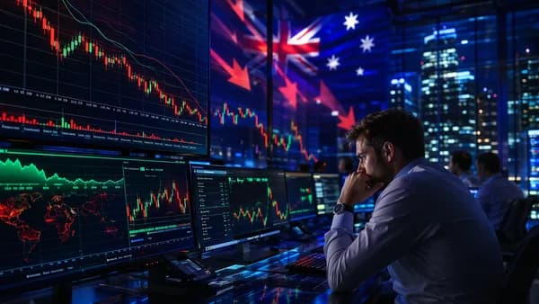 Forex trading desk with downward market charts symbolizing AUD/USD selling pressure