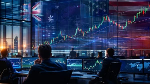 AUD/USD rises on hawkish RBA signals amid market screens and global trading floor visuals
