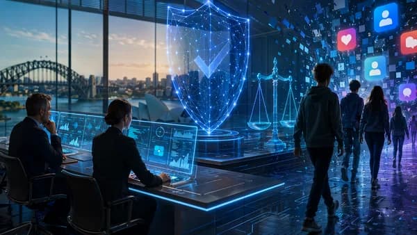 Australian tech regulation scene with teens bypassing digital barriers and officials reviewing audits