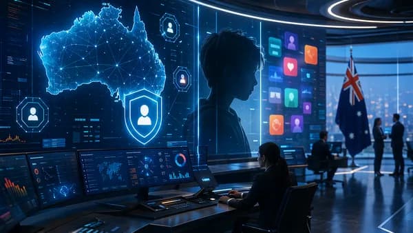 Australia digital safety regulation scene with shields, child profile silhouette, and abstract social media controls.