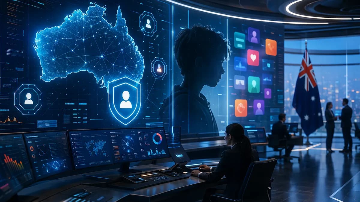 Australia digital safety regulation scene with shields, child profile silhouette, and abstract social media controls.