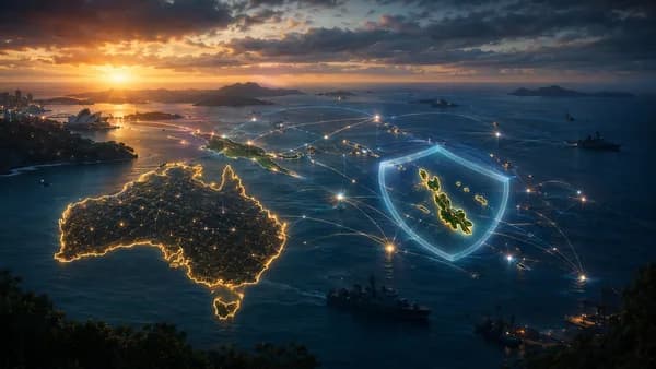 Australia and Vanuatu highlighted on a Pacific map with diplomatic connections and security symbolism.