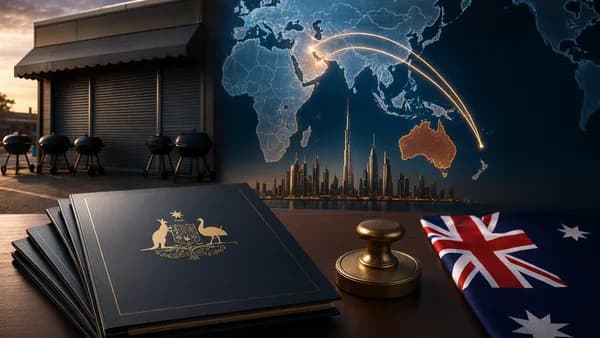 Australia linked to Middle East on world map with symbolic sanctions and retail closure imagery.