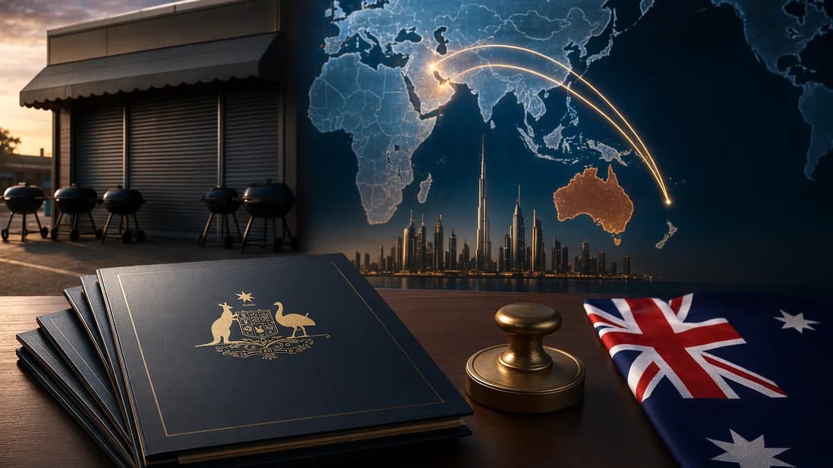Australia linked to Middle East on world map with symbolic sanctions and retail closure imagery.