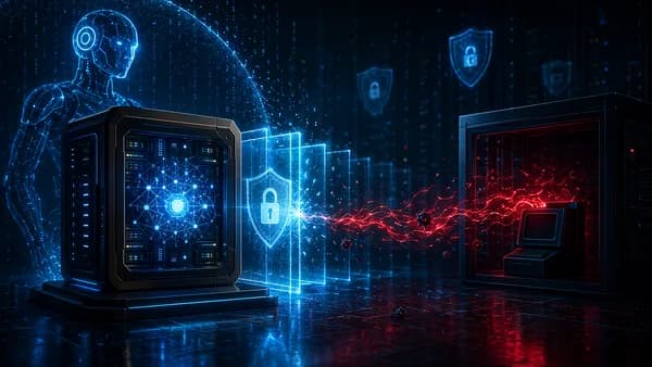 AI agent workstation with shielded data defenses blocking a code execution breach