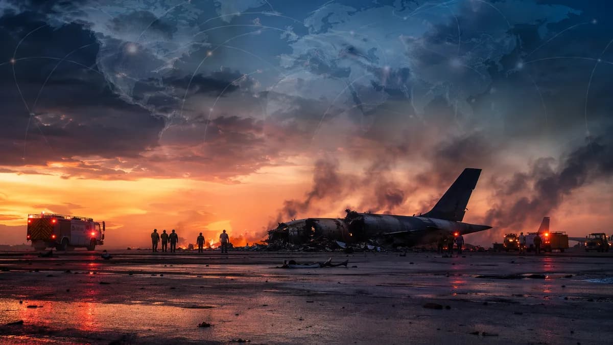 Somber desert airbase crash scene with responders, smoke, and subtle global map connections.