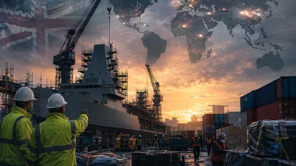 Naval frigate in shipyard with global map and supply chain pressure, symbolizing defence contract strain.