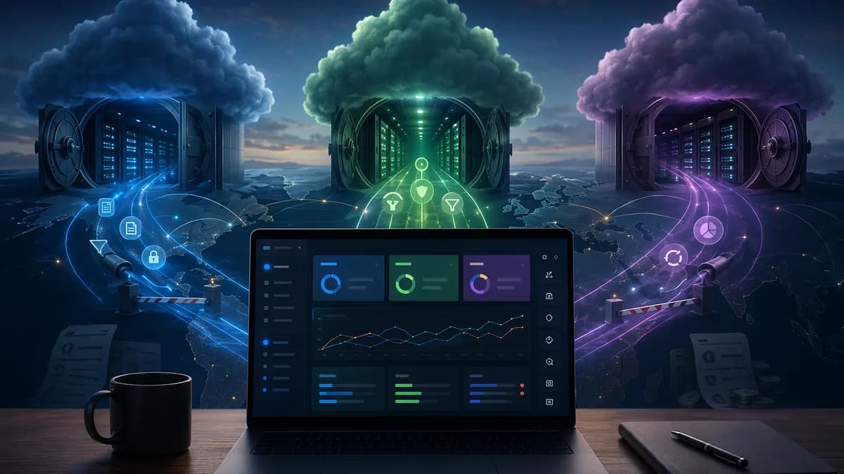 Cloud storage dashboard with hidden fee symbols, data pipelines, server racks, and regional infrastructure.