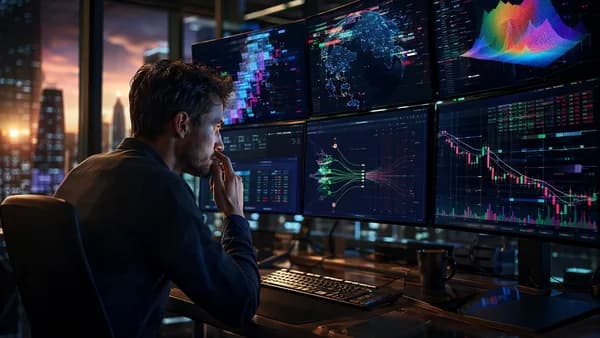 Trader analyzing flawed backtesting dashboards with market data glitches and trap-like shadows