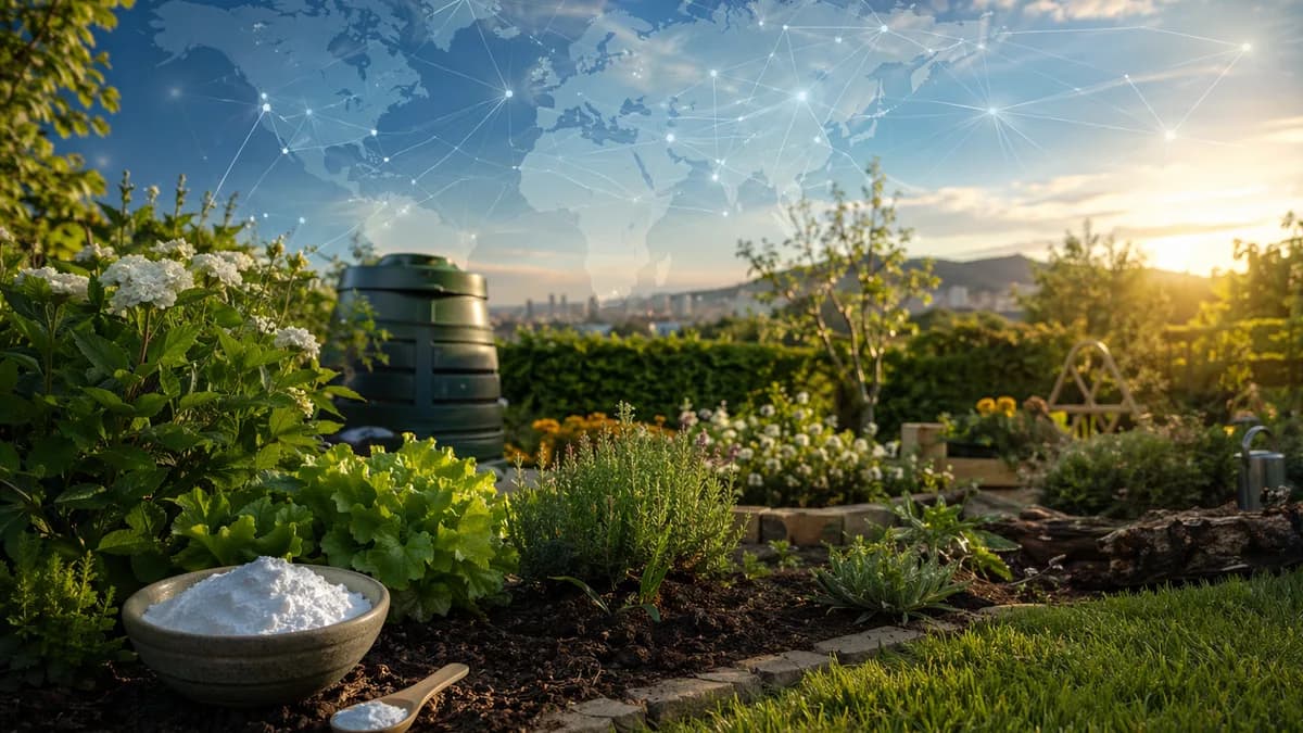 Unlabeled bowl of baking soda in a garden with subtle global map connections in the sky.