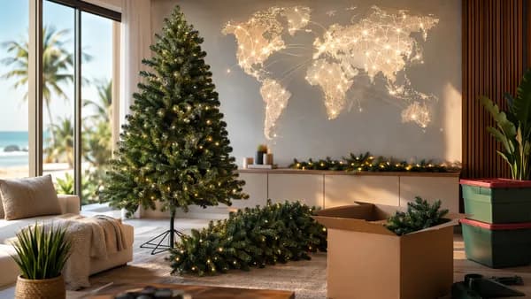 Artificial Christmas tree in a modern room with global map lighting and summer sale atmosphere.