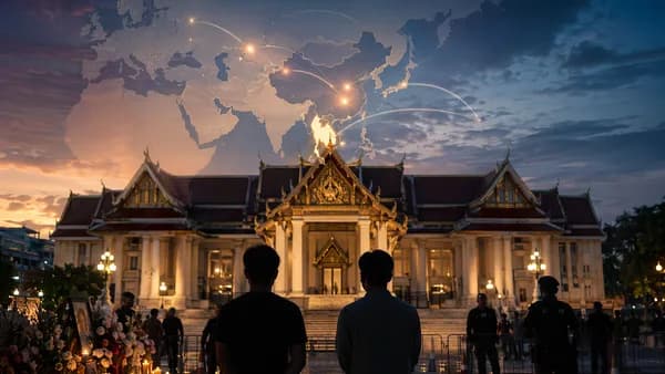 Bangkok courthouse scene with global map connections symbolizing a geopolitical bombing case
