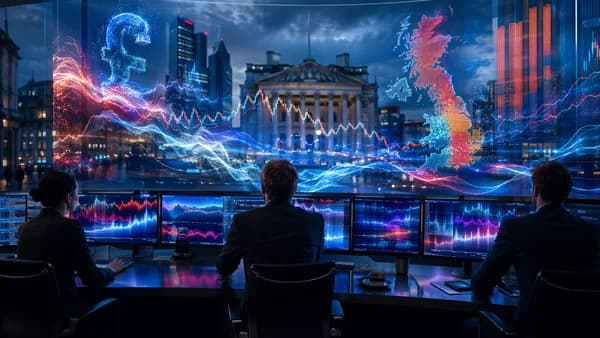 London trading desk with market charts and inflation visuals suggesting a hawkish Bank of England hold.