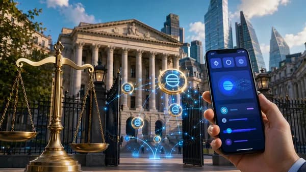London finance scene with digital stablecoins, mobile wallet, and regulatory balance imagery.