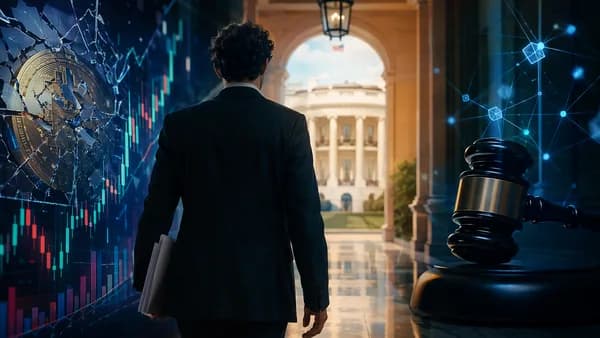 Editorial image of crypto fraud, legal appeal, and presidential pardon themes in a cinematic fintech setting