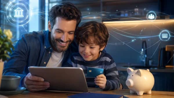 Parent and child using a digital banking app with a kids card, symbolizing youth banking acquisition.