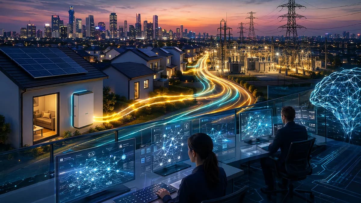 Home batteries feeding a modern power grid with glowing energy flows in a futuristic tech landscape
