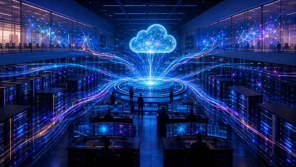 Futuristic AI inference hub with GPU servers and glowing data flows symbolizing funding momentum.
