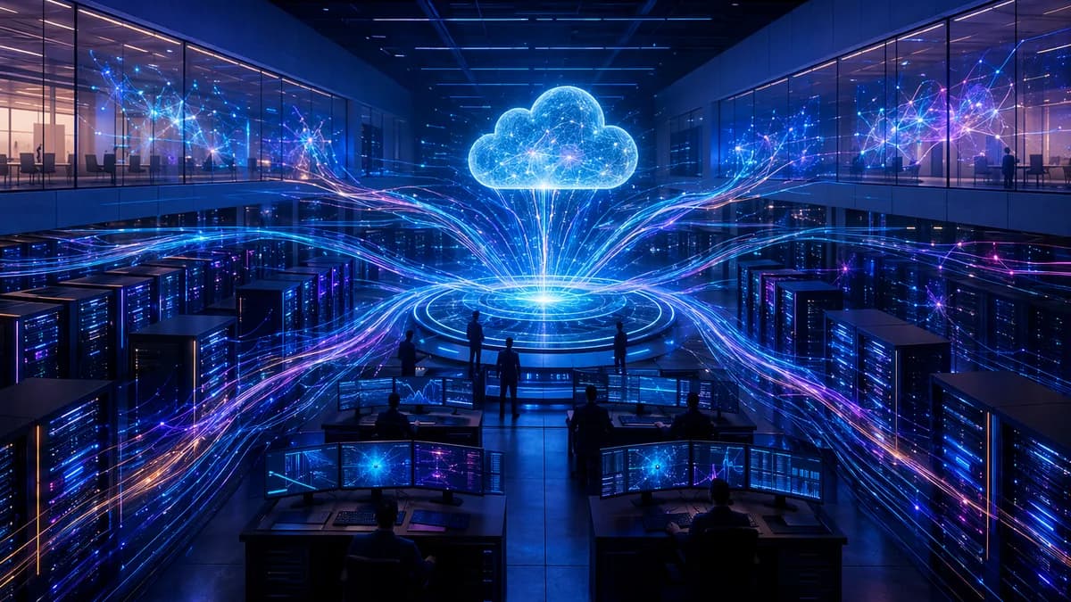 Futuristic AI inference hub with GPU servers and glowing data flows symbolizing funding momentum.