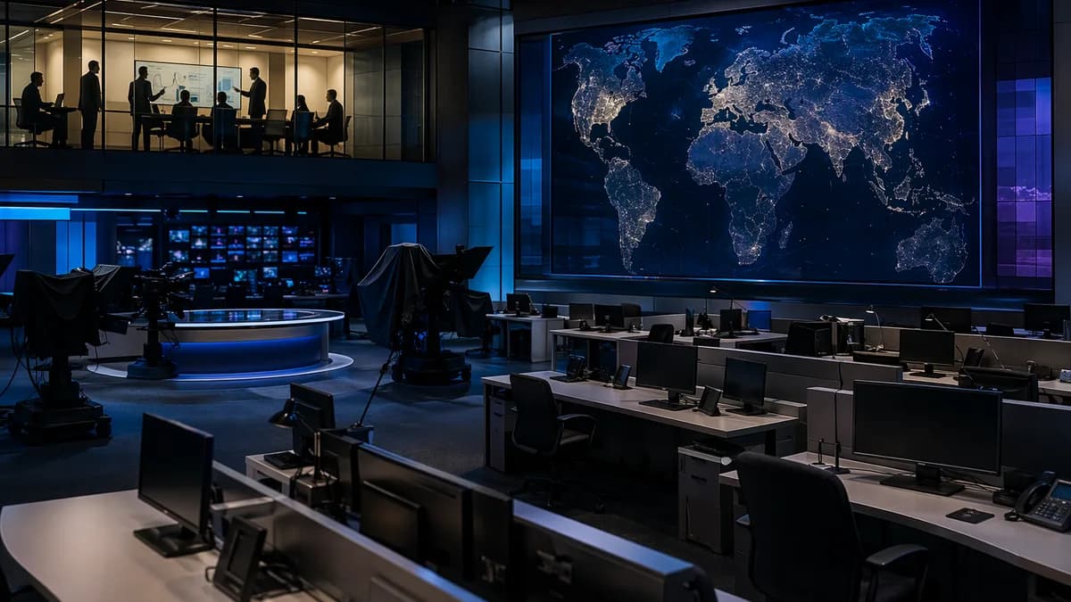 Empty newsroom and broadcast studio with global map screens, symbolizing media cuts and job losses.