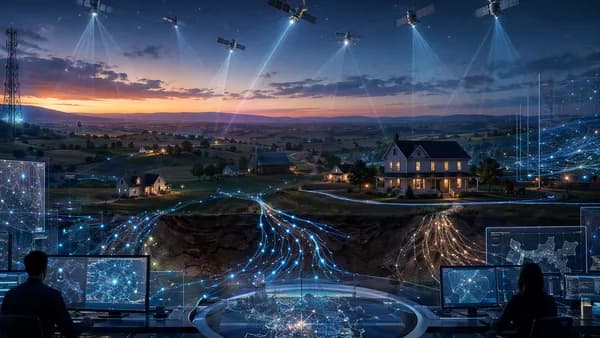 Rural broadband split between glowing fiber lines and satellite beams, suggesting a fight over control.