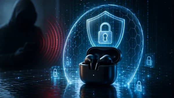 Wireless earbuds protected by a digital shield from nearby cyber spying signals.