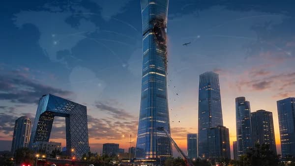 Beijing skyline with China Zun impact scene, falling debris, and emergency responders at dusk
