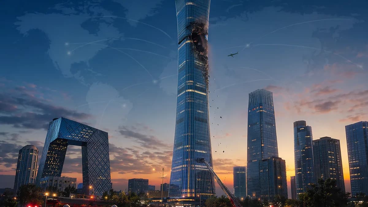 Beijing skyline with China Zun impact scene, falling debris, and emergency responders at dusk