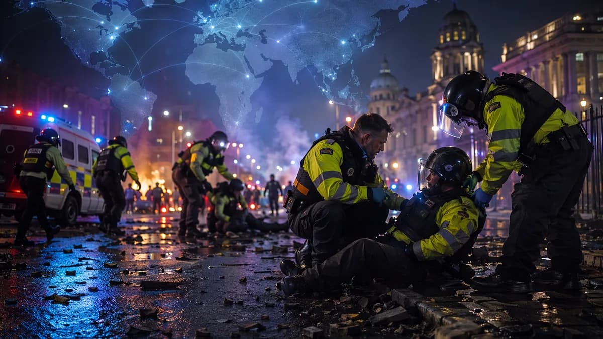 Police and debris on a tense Belfast street with a subtle global map overlay after riots.