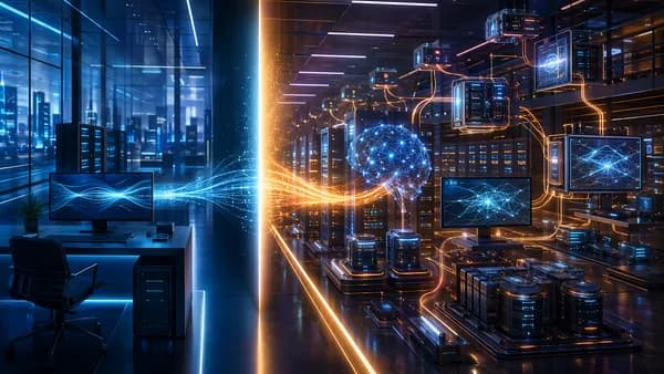 Split AI serving architecture showing simple API lane versus complex scalable orchestration in a tech hub